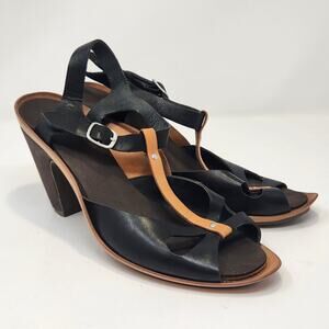 Camper Olivia Black Brown Leather T Strap Heels Pumps Women Size 38 US 7.5